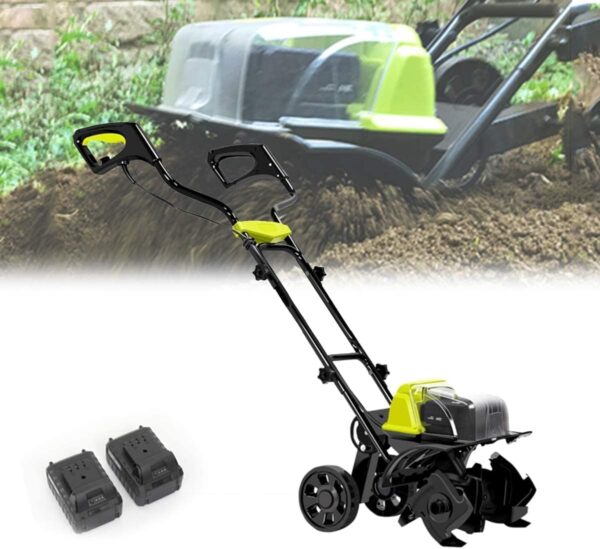Cordless Cultivator, Cordless Tiller Rotavator, Portable Electric Tiller with Rechargeable Battery & Charger, Adjustable Wheels, Soil Cultivators for Gardens Vegetable Fields