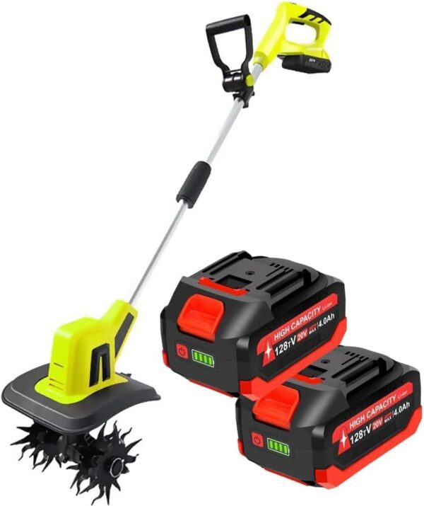 Electric Garden Tiller Cultivator, Cordless Garden Rotavator with 4 Steel Blades, 2 X 4ah Battery Powered Soil Cultivator, 25cm Working Width, 22cm Tilling Depth, for Garden,...