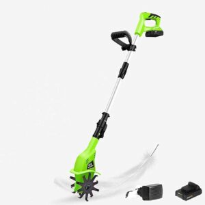 Electric Tillers Electric Cultivator with 20V Battery, Cordless Rotavator, Rechargeable Battery and Charger, 97-127Cm Adjustable Handle Cordless Garden Cultivator