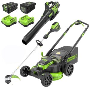 Greenworks 80V 25" Cordless Battery Brushless Self-Propelled Rear Wheel Drive 3-in-1 Lawn Mower, 16" String Trimmer,730 CFM Leaf Blower,Combo Kit w/ (1) 4.0Ah Battery (1)2.5 Ah...