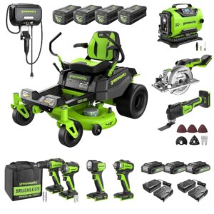 Greenworks 80V 42" Zero Turn Riding Lawn Mower, (4) 5.0Ah Batteries and (600W) Plug in Charger + BONUS 6-Piece Power Tool Combo