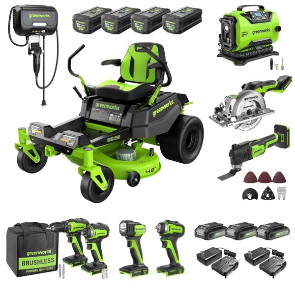 Greenworks 80V 42" Zero Turn Riding Lawn Mower, (4) 5.0Ah Batteries and (600W) Plug in Charger + BONUS 6-Piece Power Tool Combo