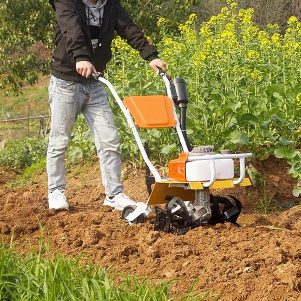 Petrol Tiller Rotavator Cultivator, 2.2kw Power Tillers, 2 Stroke Petrol Engine Hoe, Cordless Lawn Scarifier w/4 Tiller Blades, Ideal Garden Tiller Rotavator for Soil Loosenin