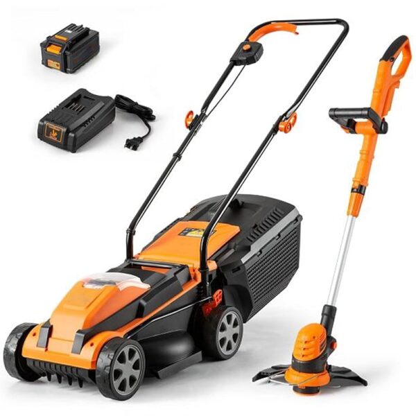 Portable Cordless Electric Lawn Mower Self-Propelled Lawn Mower String Trimmer Combo Kit 24V 4.0Ah Battery & Charger
